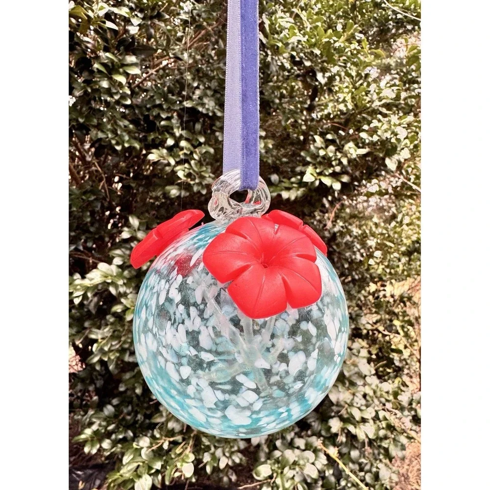 Hummingbird Feeder Hand Blown Glass Blue White Confetti Red Flower Ports Hanging